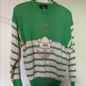 Green & White Striped Crewneck Sweater with Navy Anchor
